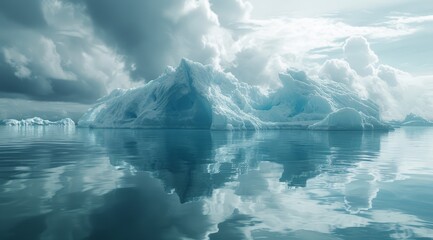   Group of icebergs floating on water, clouds in the sky - obrazy, fototapety, plakaty