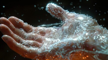Fototapeta premium A hand is shown in a blurry image with a lot of small dots. The image has a dreamy, ethereal quality to it, as if the hand is made of a web of interconnected strands