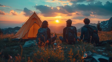 Millennials unwind at twilight, camping together, enjoying a picnic under the stars