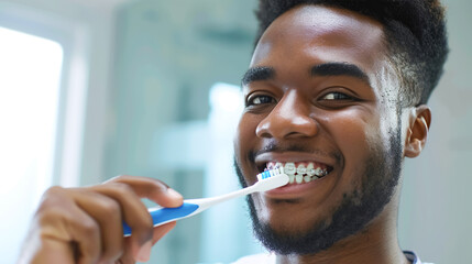 A young African American man in braces brushes his teeth in the bathroom. Orthodontic device care concept, dental health, oral hygiene - obrazy, fototapety, plakaty