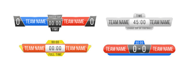 Scoreboard broadcast graphic and lower thirds template for sport soccer, football. Broadcast score banner. Sport scoreboard with time and result display. Vector illustration