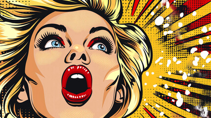 Vintage comic-style pop art of surprised blonde woman with red lips