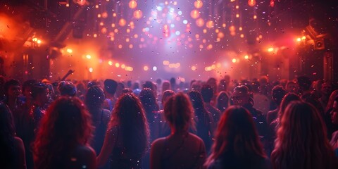 Capturing the Vibrant Atmosphere of a Packed Nightclub with People Dancing Amidst Purple Lights and Confetti in Shiny Attire. Concept Nightclub Event Photography, Dynamic Dance Shots - obrazy, fototapety, plakaty