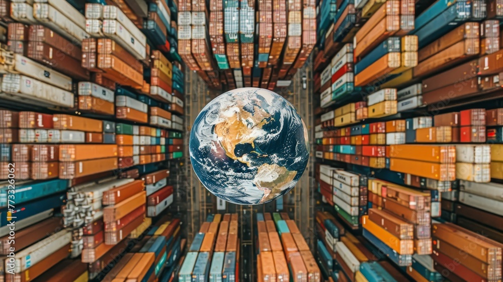 Poster a globe is in the middle of a pile of shipping containers. the globe is surrounded by a variety of d