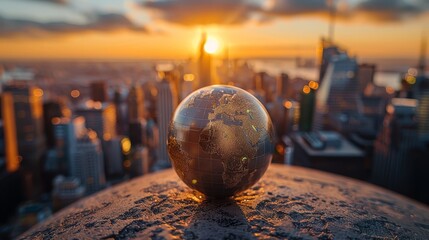 A large globe is sitting on a city rooftop at sunset. The globe is surrounded by a cityscape, with tall buildings in the background. Concept of wonder and curiosity