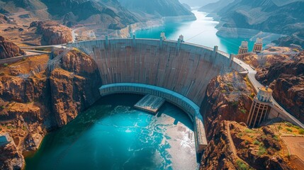 A large dam is seen in the distance with a body of water in front of it. The water is calm and blue, and the dam is surrounded by mountains. Concept of awe and wonder at the power of nature