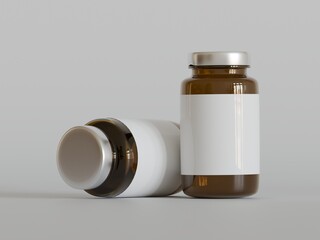 Amber Pills brown Bottle 3d Rendering white label on white background