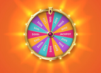 Multicolored fortune wheel at backlight color realistic vector illustration. Gambling game chances. Casino roulette 3d object on yellow background