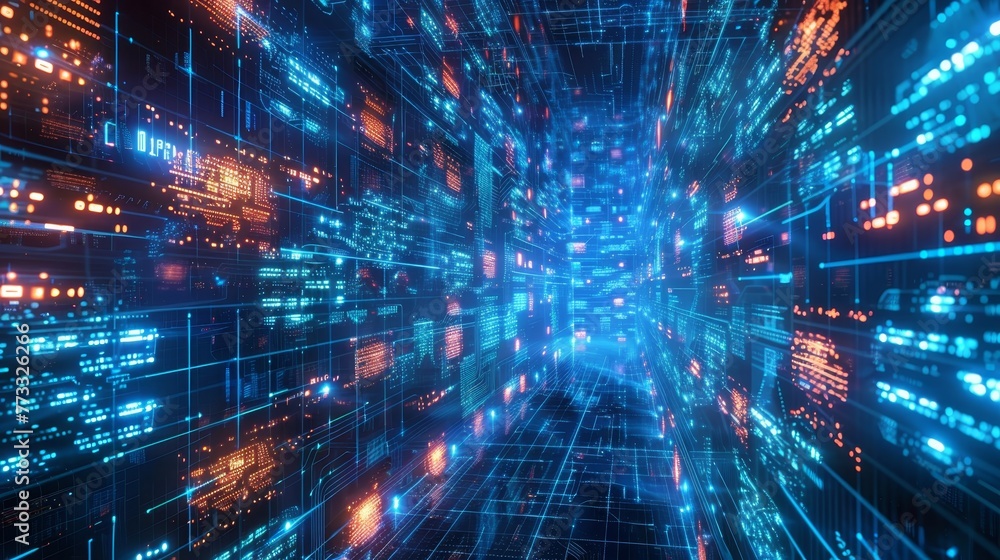 Poster a computer generated image of a blue and orange tunnel with many glowing lights. concept of technolo