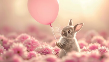 Capturing a joyous moment, a baby rabbit clutches a balloon, floating gently. Set against a soft pastel backdrop, the scene is framed perfectly by the rule of thirds, radiating happiness. - obrazy, fototapety, plakaty