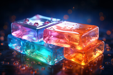 3d render of colorful glass cube on blue background with bokeh - obrazy, fototapety, plakaty