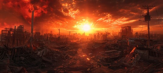 A post-apocalyptic world where technology's silhouette stands against a fiery sky, humanity's remnants gaze in despair. - obrazy, fototapety, plakaty