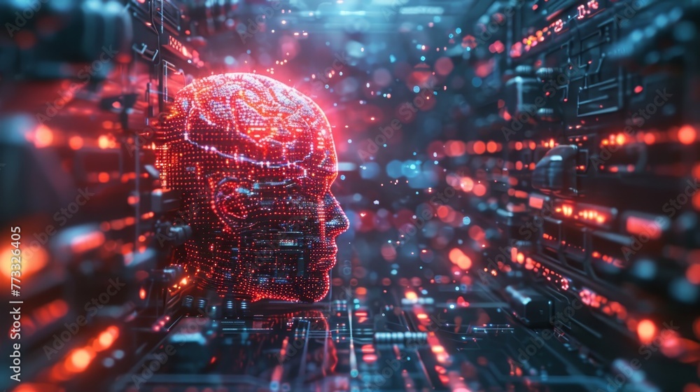 Poster a computer generated image of a brain with red glowing lights surrounding it. concept of technology 