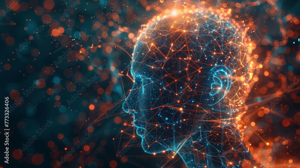 Poster a computer generated image of a head with orange and blue lines. the image is abstract and has a fut