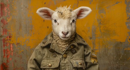 Capturing the innocence of a baby sheep adorned in a World War 2 soldier uniform, set against a pastel background. The composition honors the rule of thirds, merging history with tender youth.