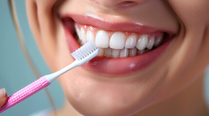 Close up of a young woman brushing her teeth with a toothbrush