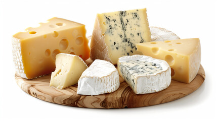 Various types of cheese on a wooden board, isolated on white background