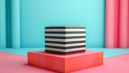 3D render clay style of black and white stipe box, isolated on pure solid background, vivid color