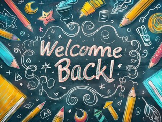Illustration of a chalkboard with Welcome Back! written in chalk, surrounded by school supplies. Inviting, nostalgic.