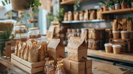 A store with a lot of brown paper bags and containers. The bags are stacked on top of each other and the containers are on a table - obrazy, fototapety, plakaty