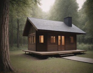 Holiday apartment - wooden cottage in forest in early spring with green grass on back yard and forest in background