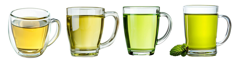 Collection of glass cups of green tea isolated on white  background.