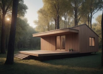 Holiday apartment - wooden cottage in forest in early spring with green grass on back yard and forest in background
