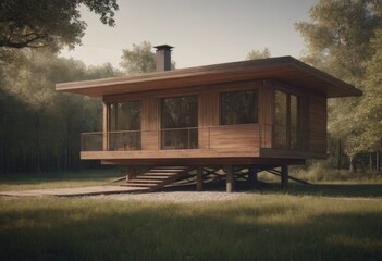 Holiday apartment - wooden cottage in forest in early spring with green grass on back yard and forest in background
