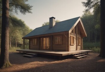 Holiday apartment - wooden cottage in forest in early spring with green grass on back yard and forest in background