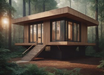 Holiday apartment - wooden cottage in forest in early spring with green grass on back yard and forest in background