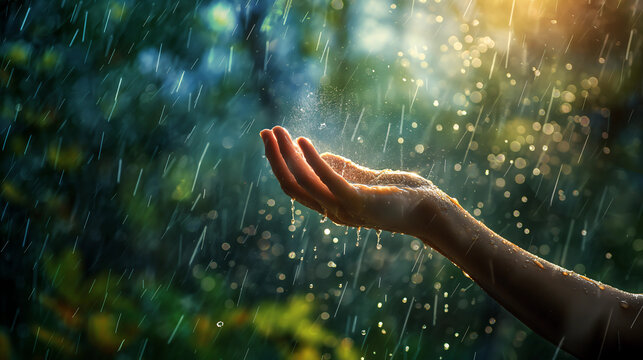hand touching the refreshing rain