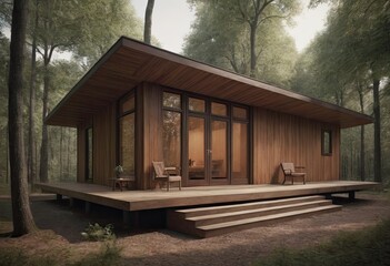 Holiday apartment - wooden cottage in forest in early spring with green grass on back yard and forest in background
