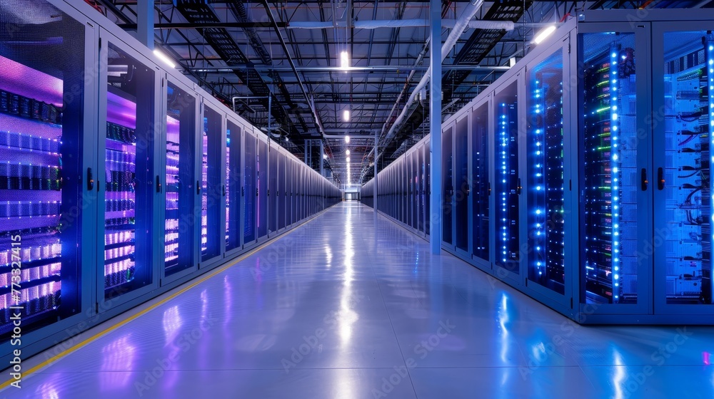 Poster a large room with many computer servers. the servers are blue and are lined up in rows. the room is 