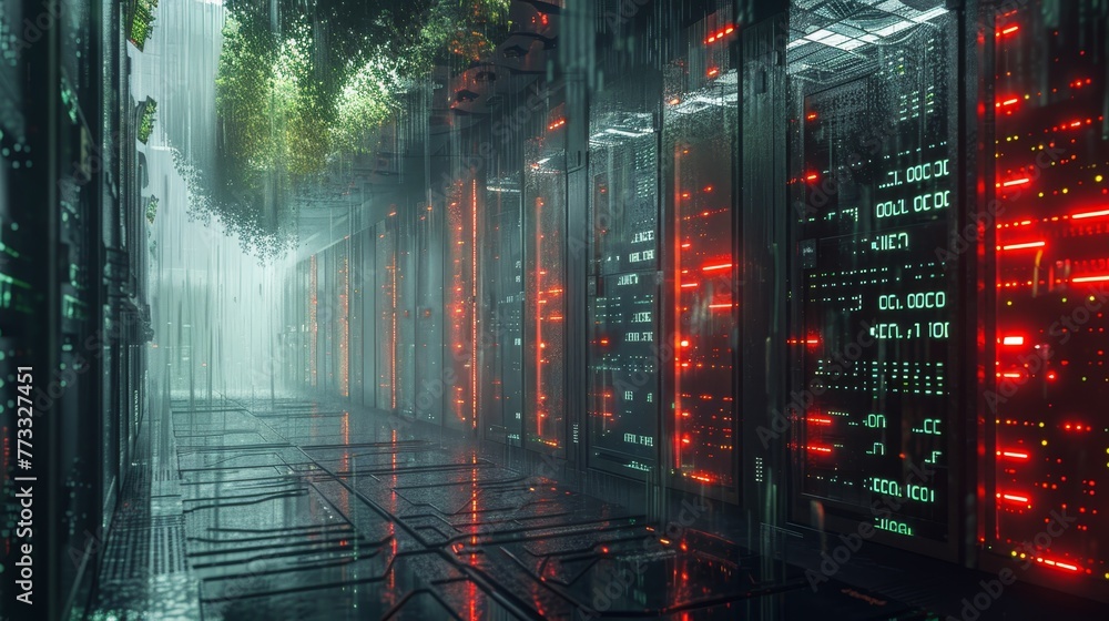 Aufkleber a computer server room with a wet floor and red lights