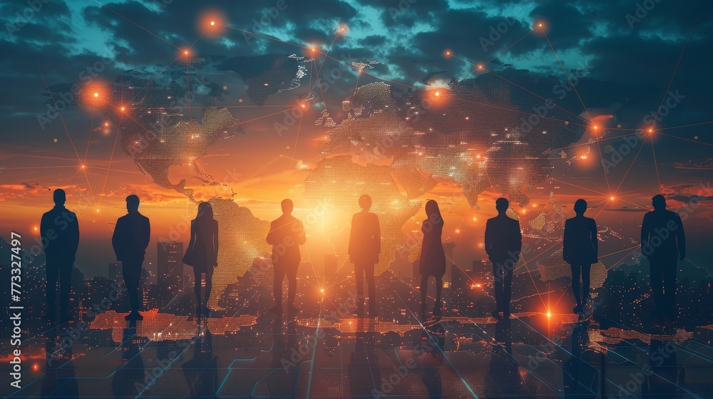 Poster a group of people are standing in front of a globe, with the globe being surrounded by a network of 