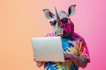 Plexiglas foto achterwand Portrait of funny rhino in sunglasses with laptop on colored background. Concept of teaching children online. © Владимир Солдатов