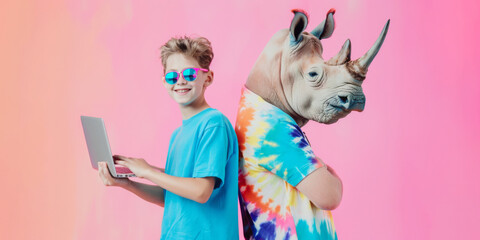Portrait of a smiling boy in a blue t-shirt and sunglasses with a laptop and a rhinoceros on a pink background. Modern concept of children's learning. - Powered by Adobe