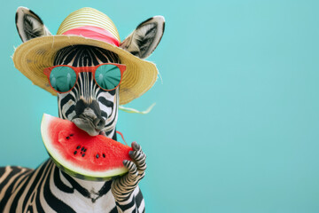 Funny zebra in summer hat and sunglasses eating watermelon on blue background. Summer vacation concept.