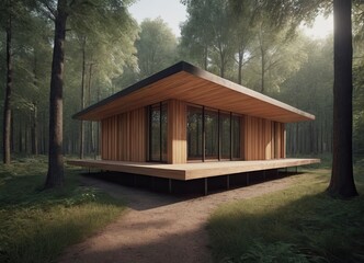 Holiday apartment - wooden cottage in forest in early spring with green grass on back yard and forest in background