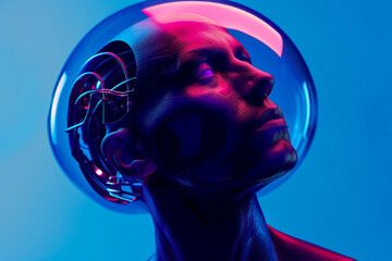 The concept of a humanoid in a helmet on a neon blue background, neon bright colors, the concept of surrealism and computer holography about the post-human era