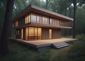 Holiday apartment - wooden cottage in forest in early spring with green grass on back yard and forest in background