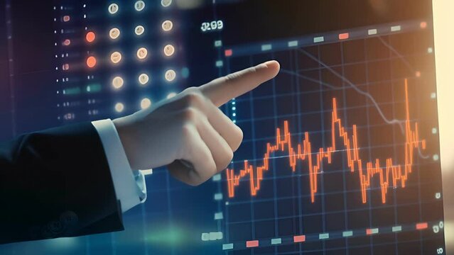 man pointing at a graph on a computer screen. The graph shows a downward trend, and the man's finger is on the point where the line is at its lowest. Concept of urgency and importance