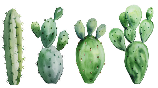 Simple watercolor of prickly pear cactus isolated on white background