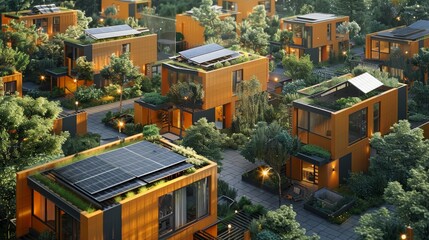 A row of houses with green roofs and solar panels. The houses are all different sizes and colors, but they all have a similar design. The houses are surrounded by trees and greenery - obrazy, fototapety, plakaty