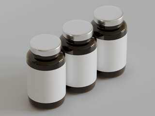 Amber Pills brown Bottle 3d Rendering white label on white background