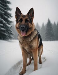puppy breed German Shepherd walking in winter park