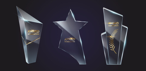 Clear glass award trophies decorated with gold realistic vector illustration set. Appreciation of champions 3d models on black background collection