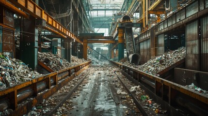 A large industrial area with a lot of trash and debris. Scene is bleak and dirty