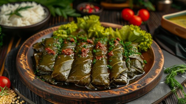 Bulgarian grape leaf sarmi with minced meat and rice filling, photo as in the restaurant