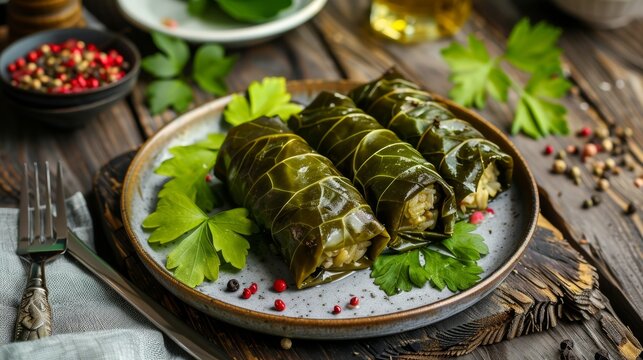 Bulgarian grape leaf sarmi with minced meat and rice filling, photo as in the restaurant